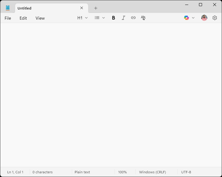 Screenshot of Windows 11 Notepad with a blank, untitled document. The toolbar includes standard menu options and formatting controls. In the top right, the Microsoft Copilot icon and a signed-in user profile icon are visible, indicating AI integration and account login.