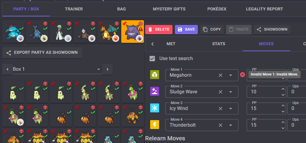 A screenshot of PKMDS: Pokémon Save Editor for Web, in which  a Gengar's moves can be seen. The first move is Megahorn, which is marked as an invalid move.