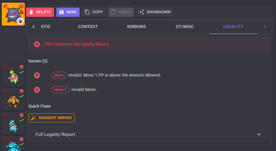 A screenshot of PKMDS: Pokémon Save Editor for Web, in which a Gengar's legality is shown as invalid, pointing out incorrect move info, with a button to auto-fix the issues.